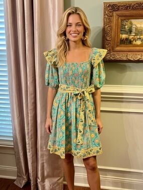 $172 NWT Victoria Dunn Lottie Dress in Sorbet Green Yellow Floral‎ Size LARGE